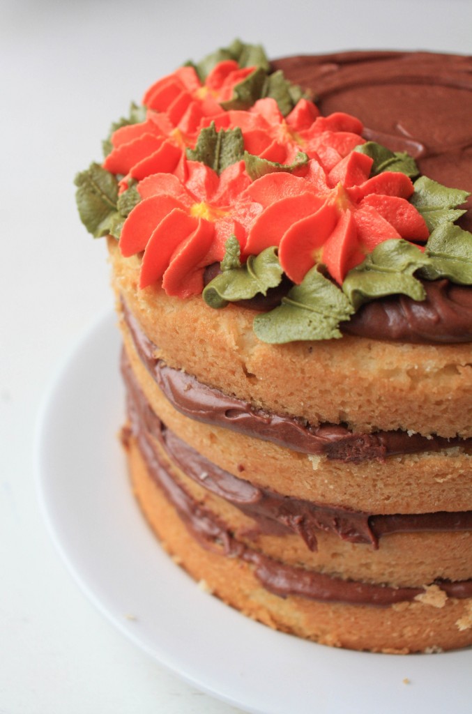 Vanilla Chiffon Cake with Whipped Chocolate Ganache Frosting and Piped Mums | Erin Gardner | ErinBakes.com