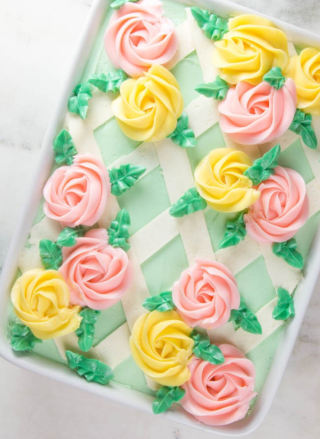 Strawberry sheet cake topped with vanilla Swiss meringue buttercream | Erin Gardner | Erin Bakes