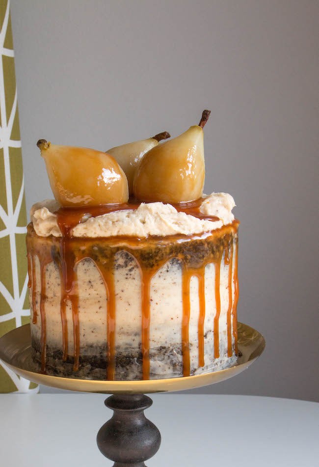 Poached Pears on a Gingerbread Cake Filled with Brown Butter Cream Cheese Frosting, Drizzled with Caramel Sauce | Erin Bakes