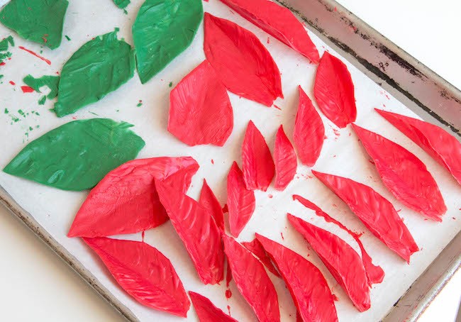 Finished Red and Green Chocolate Poinsettia Leaves | Erin Bakes